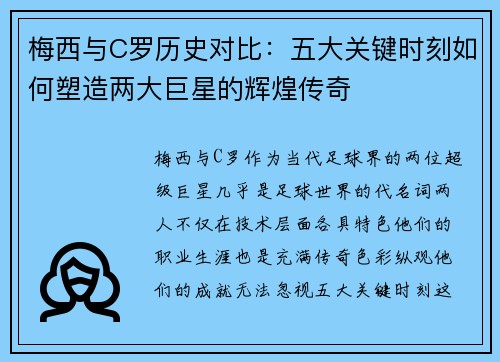 梅西与C罗历史对比：五大关键时刻如何塑造两大巨星的辉煌传奇